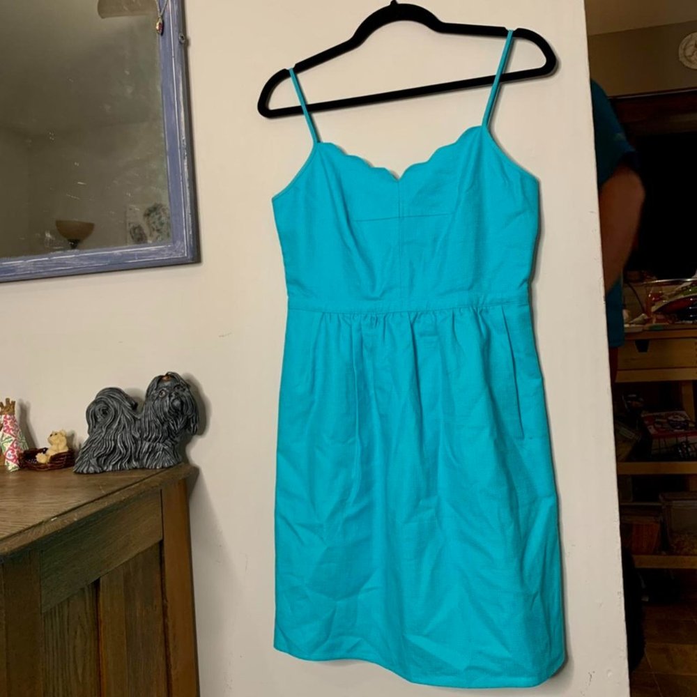 Sz 6, bright blue J.Crew midi preppy spaghetti-strap dress w circular border